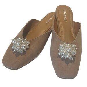 Lisa Vicky Glow Imitation Pearl Embellishment Tan Slip On FLats Mule Size 7 NWOB